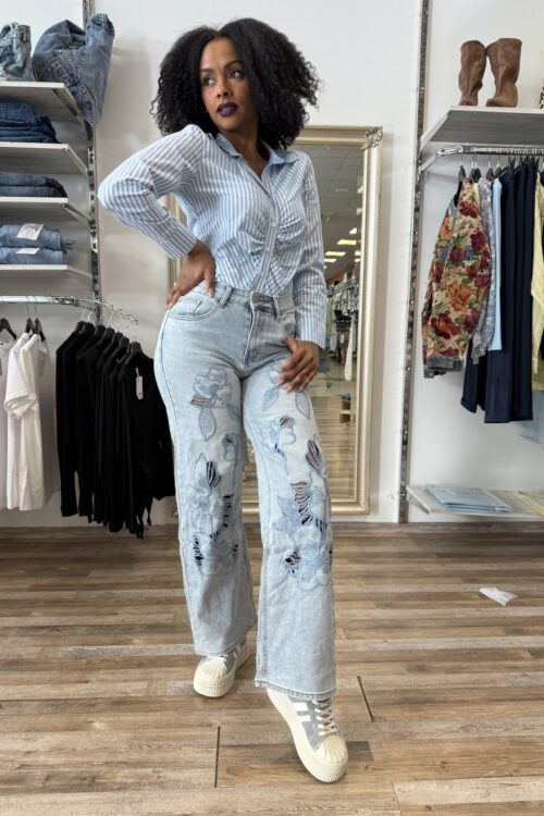 Jeans strass floreale